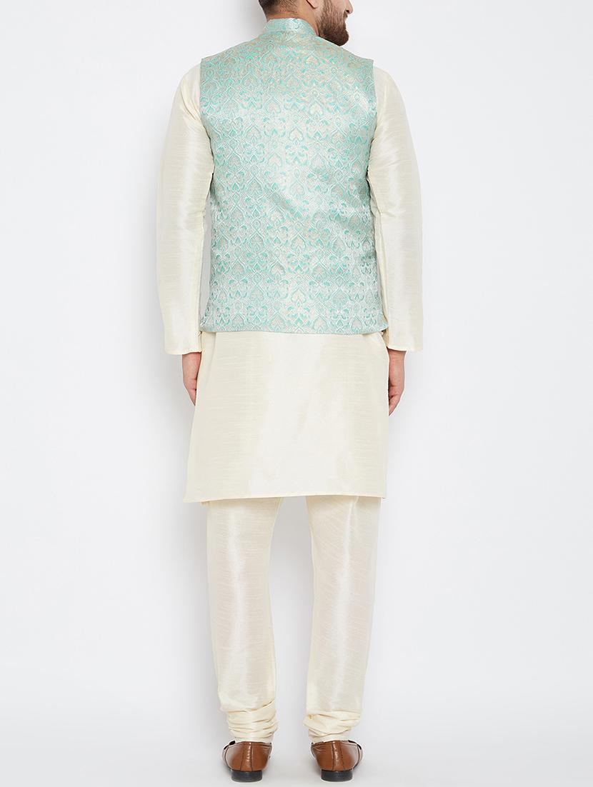 green and off white silk blend kurta pyjama set - 15416080 - Zoom Image - 3