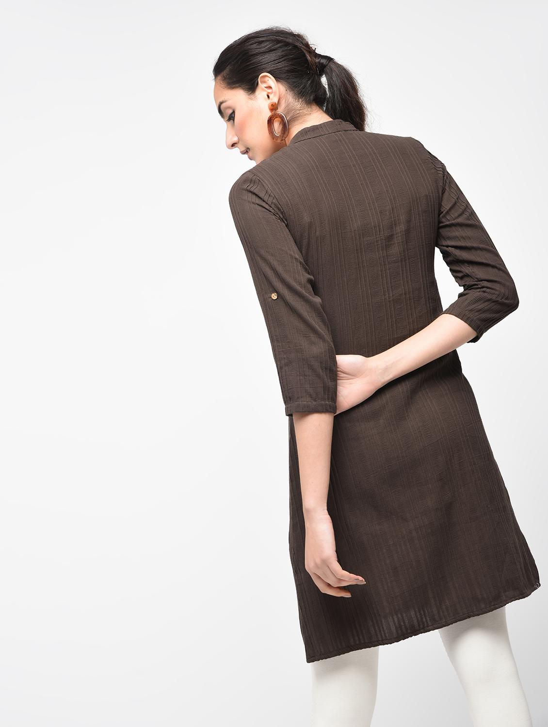 brown cotton aline kurti - 15416324 - Zoom Image - 3