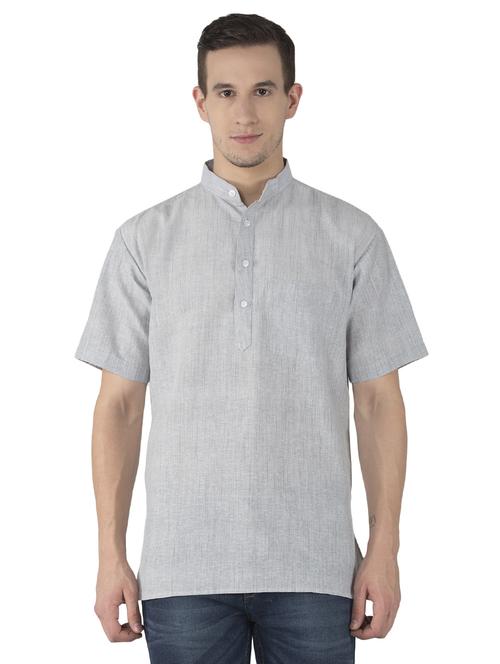 grey solid khadi short kurta - 15436247 - Standard Image - 1