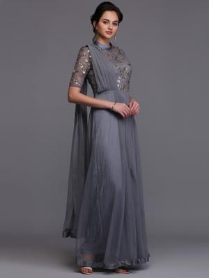 grey nylon fit & flare gown - 15445227 - Standard Image - 3