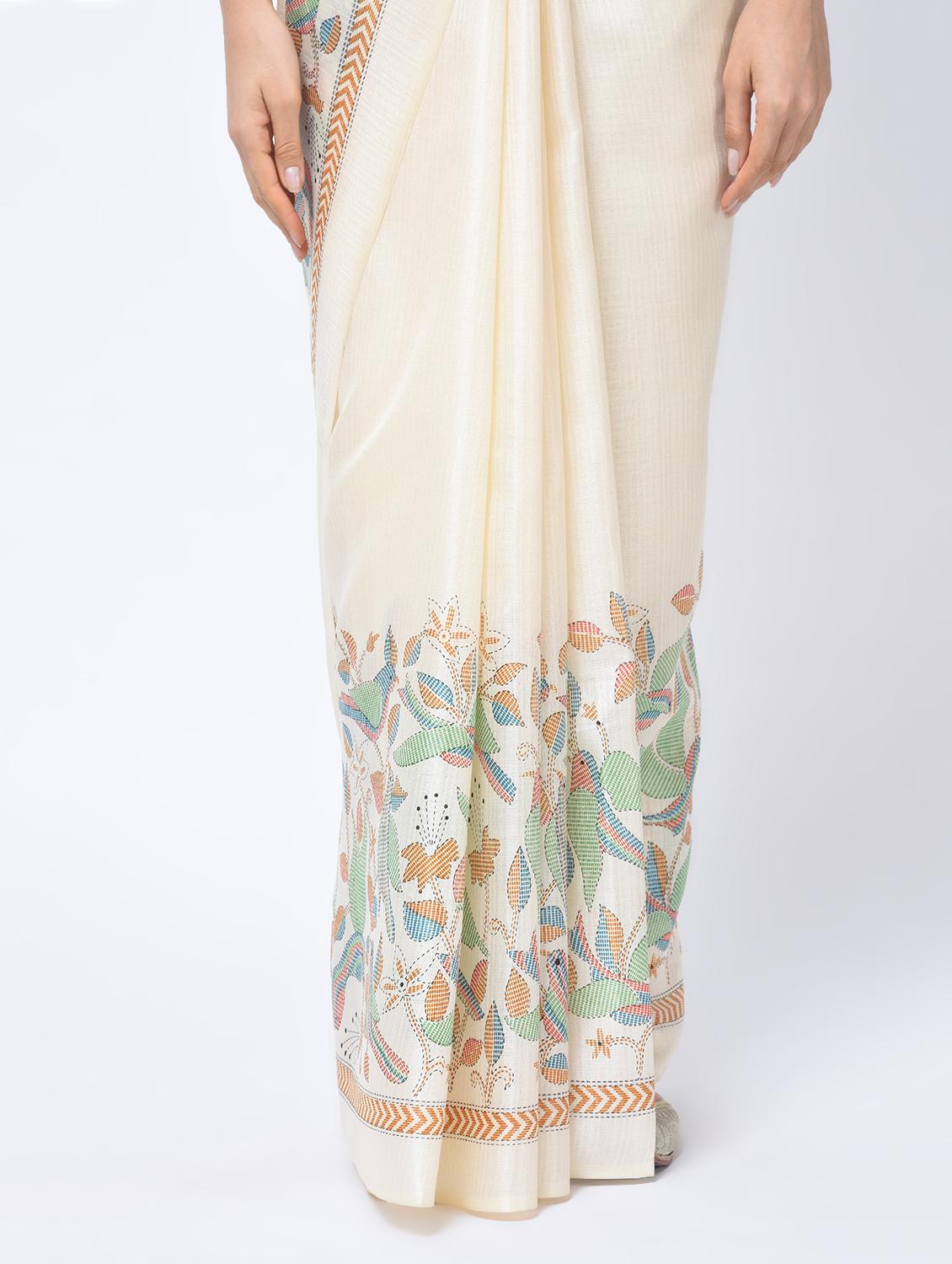 kalamkari printed beige saree with blouse - 15447757 - Zoom Image - 3
