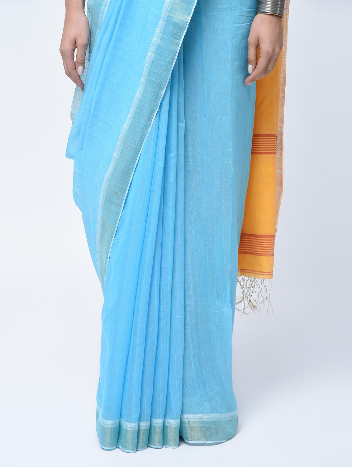 contrast striped pallu jamdani saree with blouse - 15452435 - Zoom Image - 3