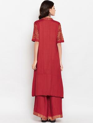 Gold printed high-low kurta with palazzo - 15455356 - Standard Image - 3