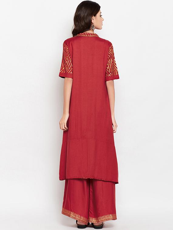 Gold printed high-low kurta with palazzo - 15455356 - Zoom Image - 3