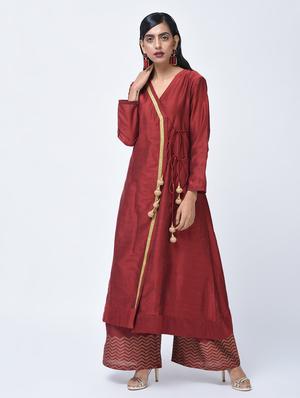 maroon silk angrakha kurta - 15456336 - Standard Image - 3