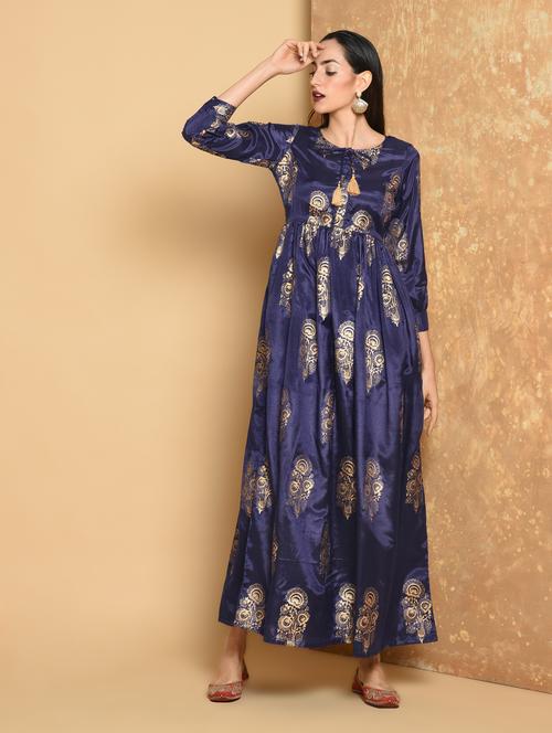 flared foil printed dress with tassels - 15456348 - Standard Image - 1