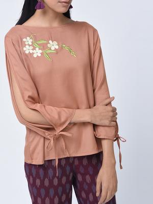 Side tie up sleeved embroidered top - 15456377 - Standard Image - 3
