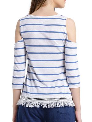 light blue stripes cold shoulder lace detail top - 15471228 - Standard Image - 3