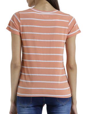 peach short sleeved striped top with tie up front - 15471272 - Standard Image - 3