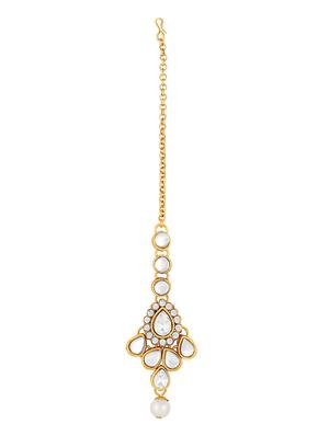 white gold tone necklace, earrings & maangteeka set - 15476985 - Standard Image - 3