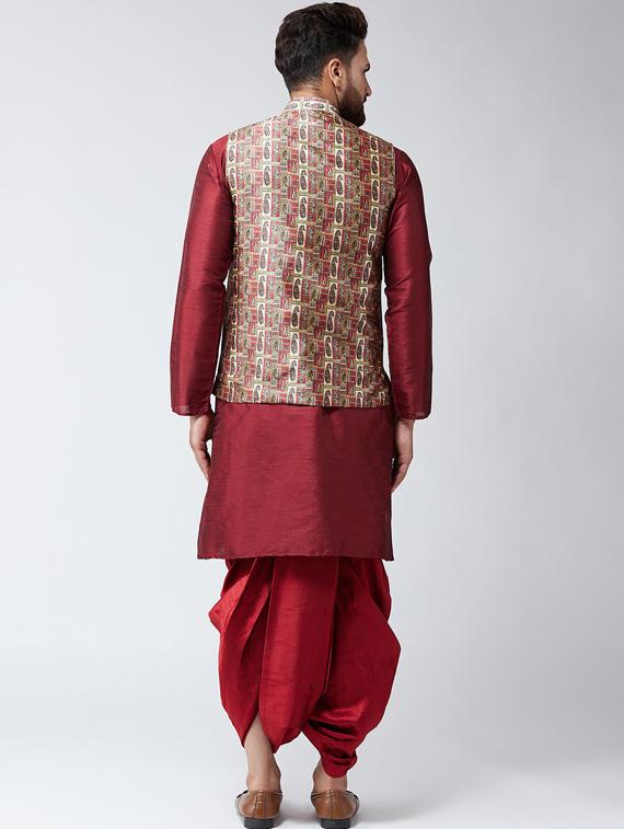 maroon silk blend dhoti kurta set with nehru jacket - 15485014 - Zoom Image - 3
