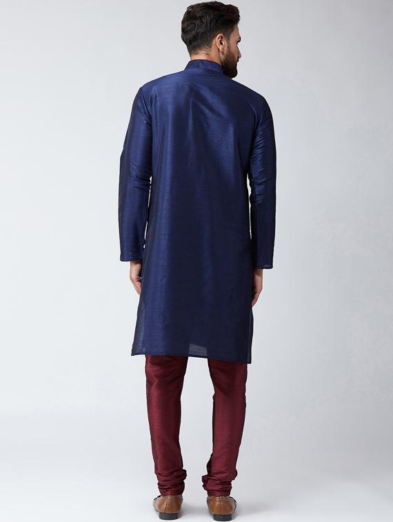 navy blue & maroon silk blend kurta pyjama set - 15485027 - Zoom Image - 3