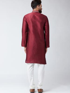 maroon & white silk blend kurta pyjama set - 15485045 - Standard Image - 3