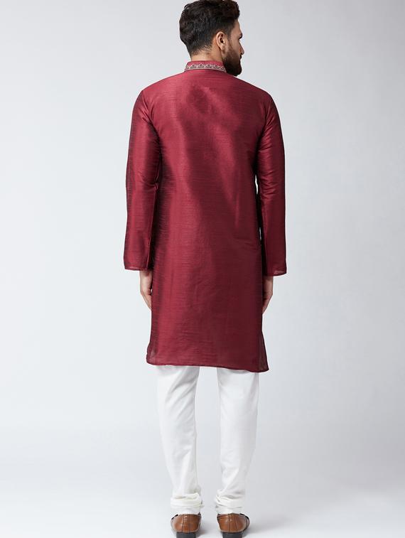 maroon & white silk blend kurta pyjama set - 15485045 - Zoom Image - 3