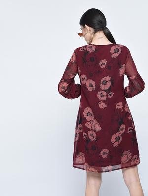 Burgundy floral lantern sleeved dress - 15486017 - Standard Image - 3