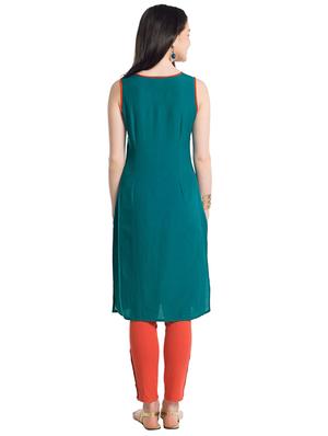 Teal thread work straight kurta - 15494844 - Standard Image - 3
