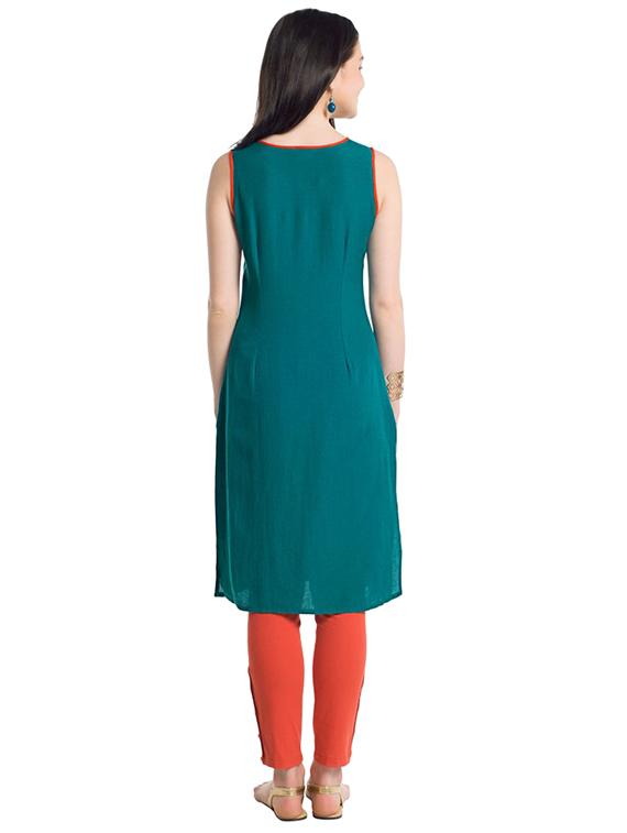 Teal thread work straight kurta - 15494844 - Zoom Image - 3