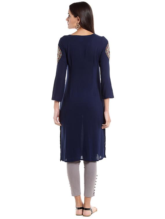 Twilight blue straight kurta - 15494850 - Zoom Image - 3