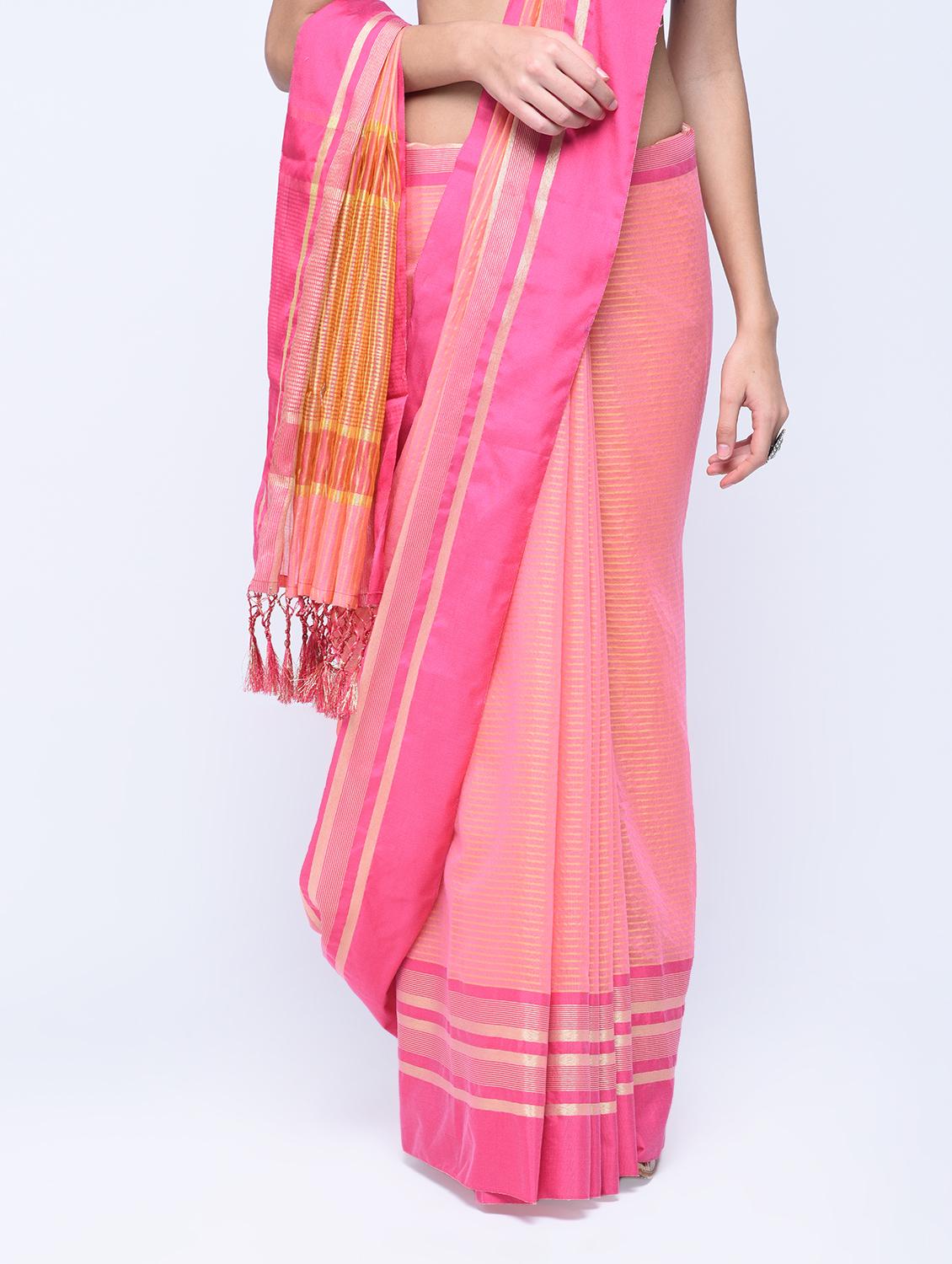 Zari stripes handloom saree with blouse - 15513902 - Zoom Image - 3
