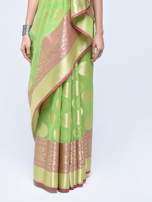 Mint green banarasi saree with blouse - 15513924 - Standard Image - 3