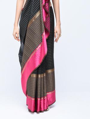 Mercerised checkered banarasi saree with blouse - 15513944 - Standard Image - 3
