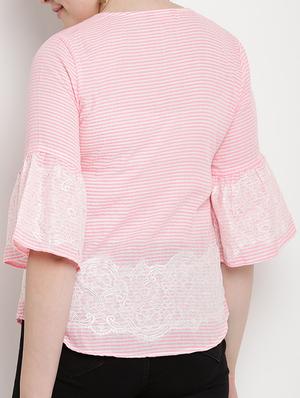 Striped lace detail sleeved top - 15538333 - Standard Image - 3