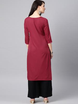 Wine printed straight kurta - 15547618 - Standard Image - 3