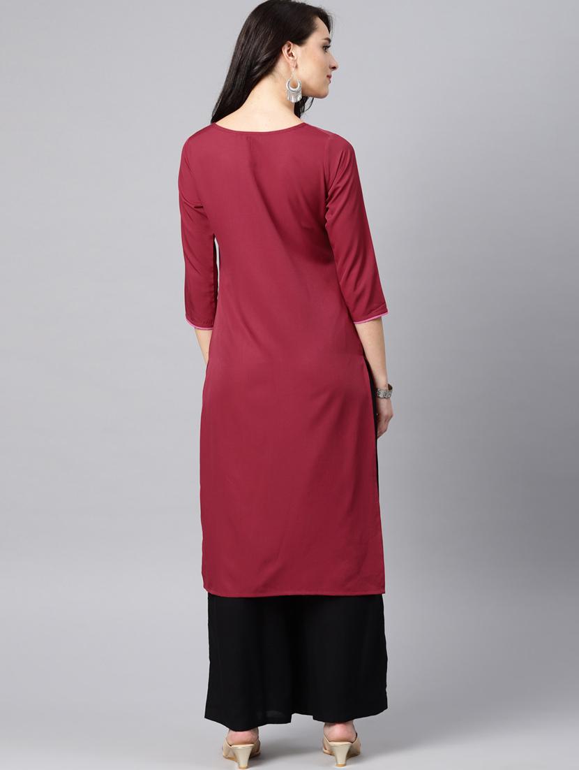 Wine printed straight kurta - 15547618 - Zoom Image - 3
