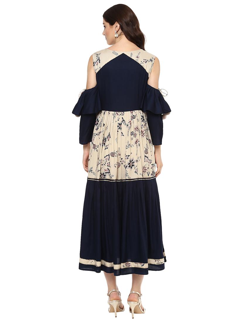 Cold shoulder printed tiered kurta - 15558558 - Zoom Image - 3