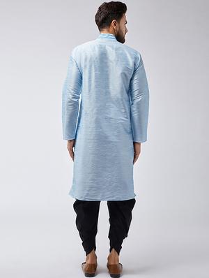 aqua blue & black silk blend dhoti kurta set - 15566010 - Standard Image - 3