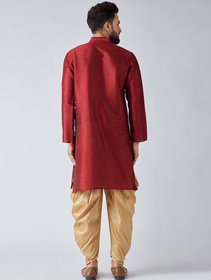 maroon & gold silk blend dhoti kurta set - 15566016 - Standard Image - 3