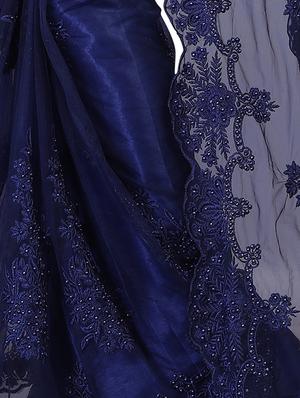 floral embroidered navy blue saree with blouse - 15572171 - Standard Image - 3