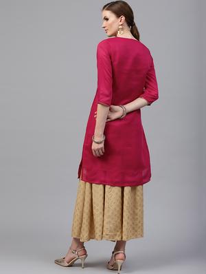 Foil printed chanderi kurta with palazzo set - 15586823 - Standard Image - 3