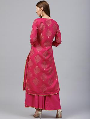 Fuchsia foil printed gota detail kurta with palazzo set - 15586830 - Standard Image - 3