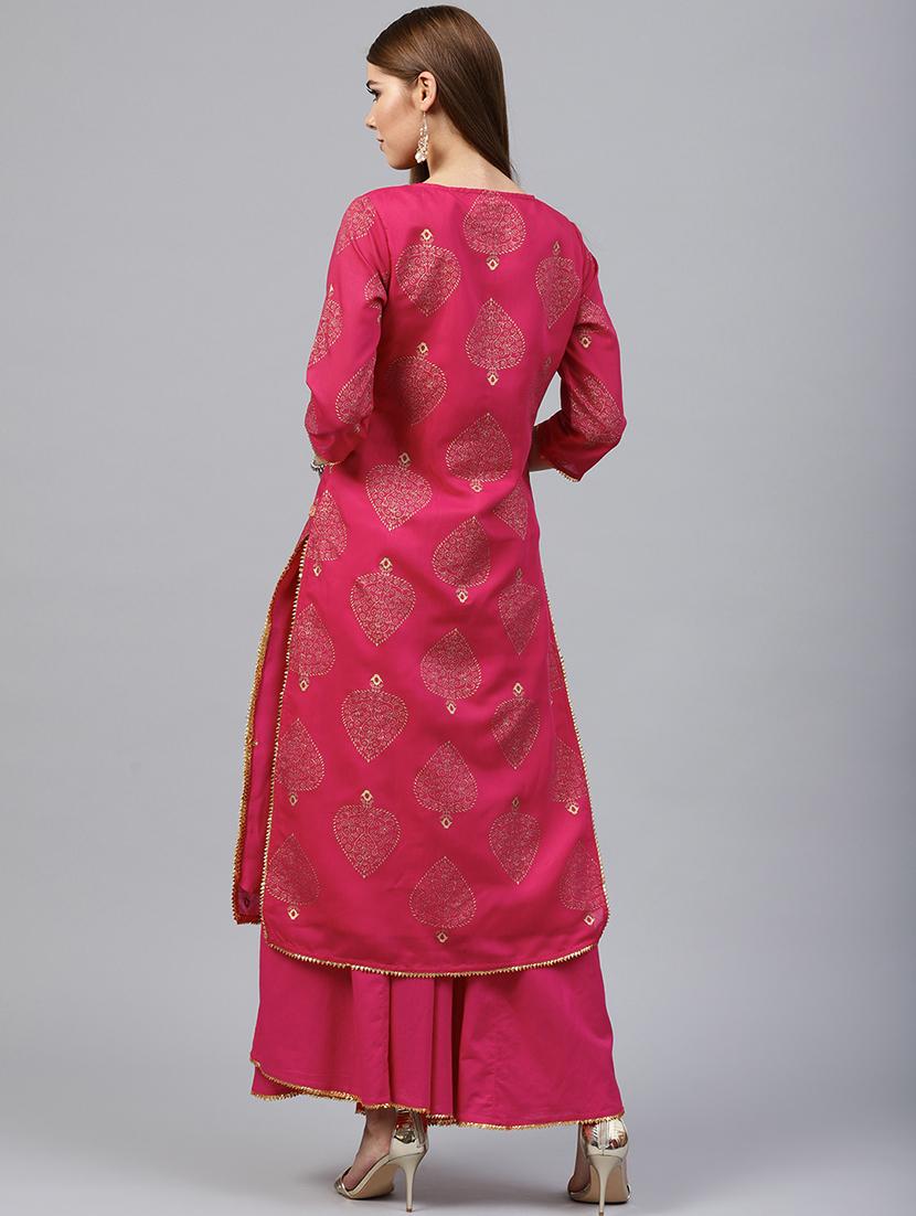 Fuchsia foil printed gota detail kurta with palazzo set - 15586830 - Zoom Image - 3