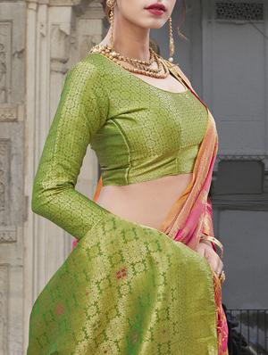 contrast zari pallu banarasi saree with blouse - 15591535 - Standard Image - 3