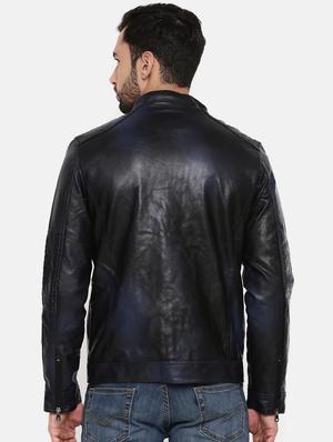 navy blue leather biker jacket - 15601752 - Standard Image - 3