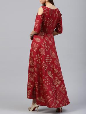 Gold foil print cold sleeves flared kurta - 15605819 - Standard Image - 3