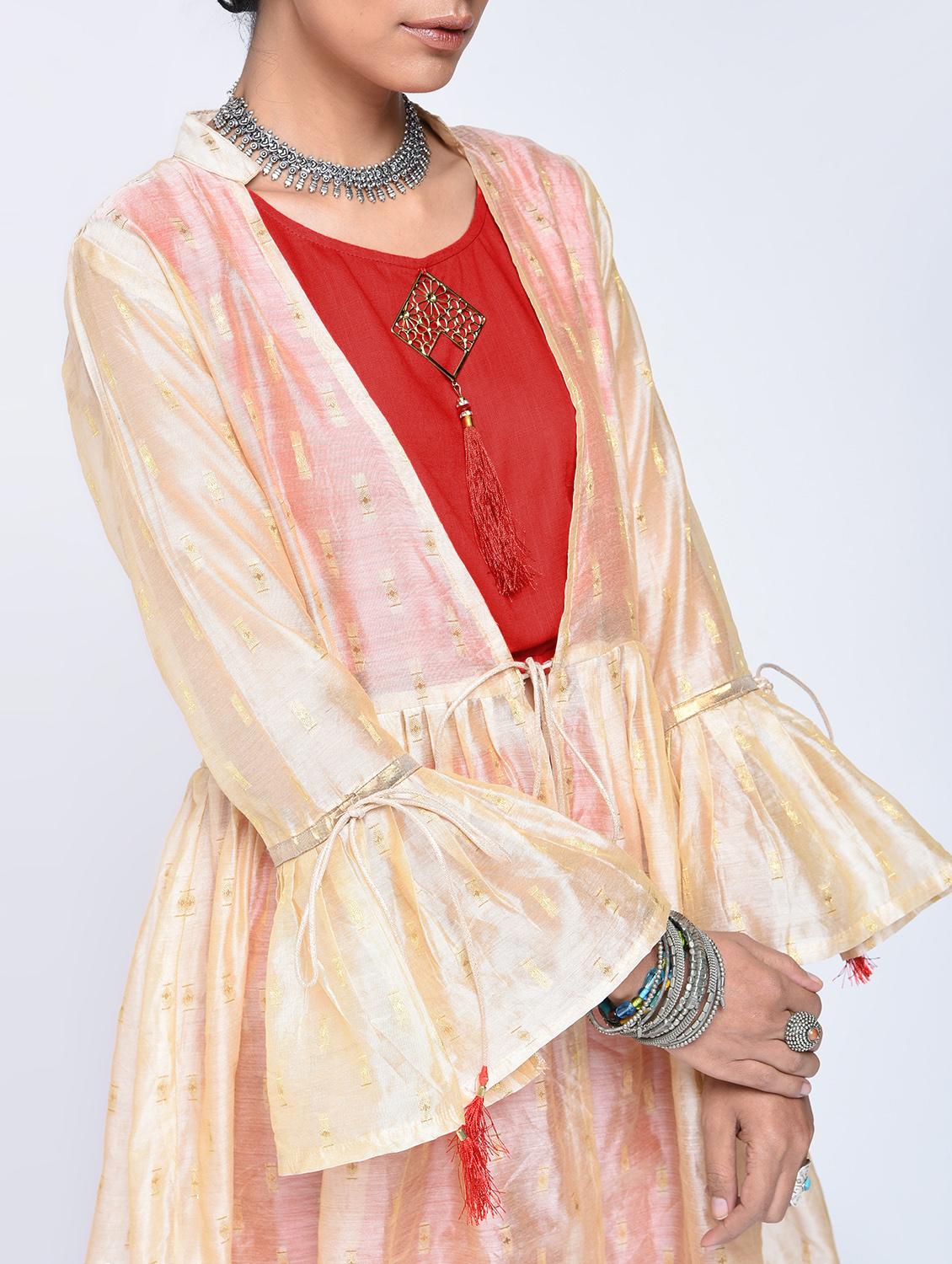 Bell sleeved chanderi top pant with shrug set - 15606721 - Zoom Image - 3