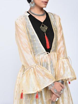 Bell sleeved chanderi top pant with shrug set - 15606722 - Standard Image - 3