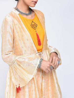 Bell sleeved chanderi top pant with shrug set - 15606723 - Standard Image - 3