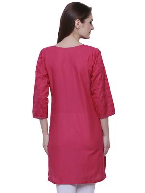fuchsia chikankari straight solid kurti - 15607903 - Standard Image - 3