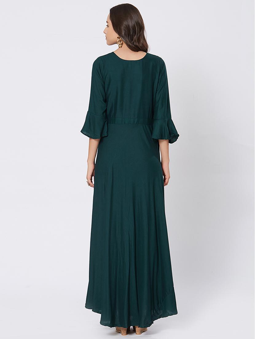 Teal bell sleeves Embroidered flared dress - 15609738 - Zoom Image - 3
