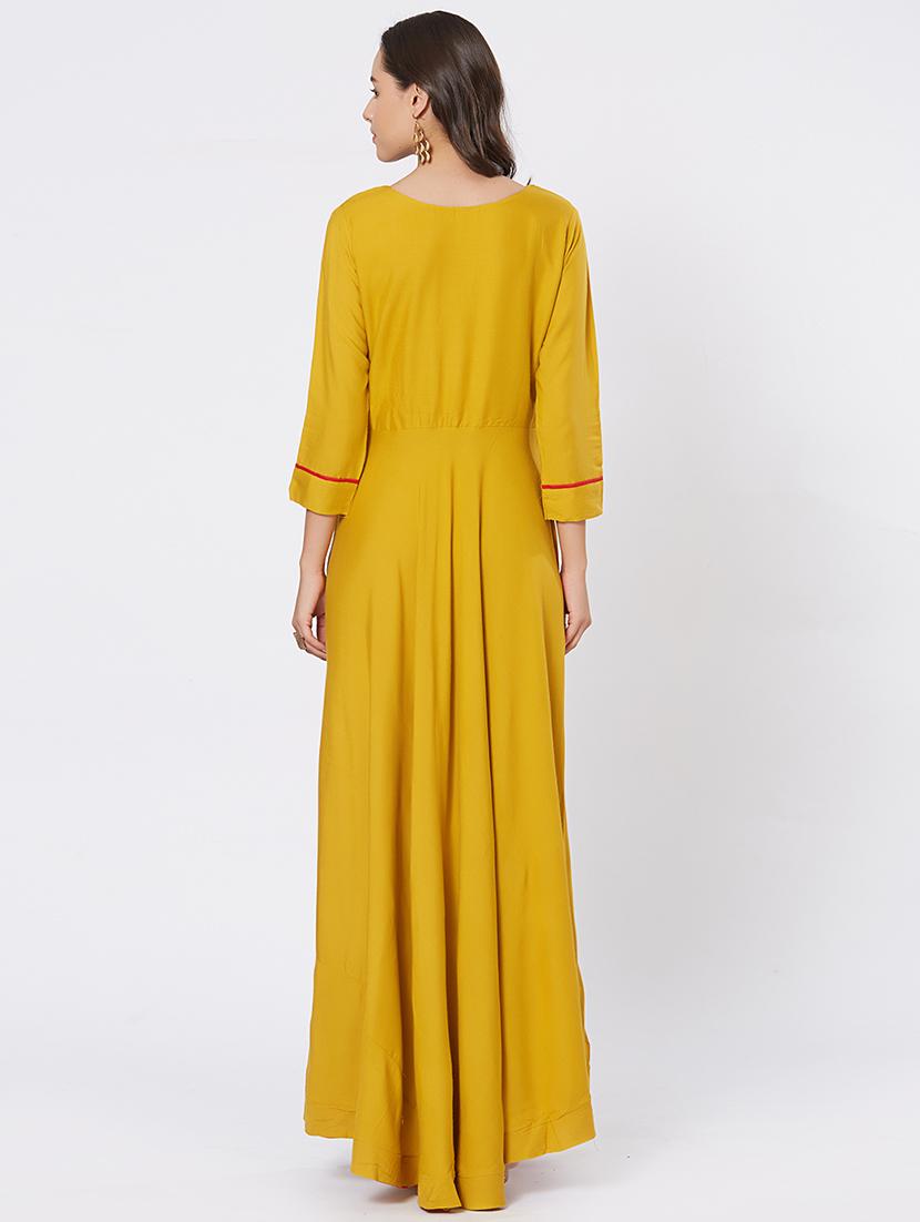 Mustard Embroidered flared kurta - 15609739 - Zoom Image - 3