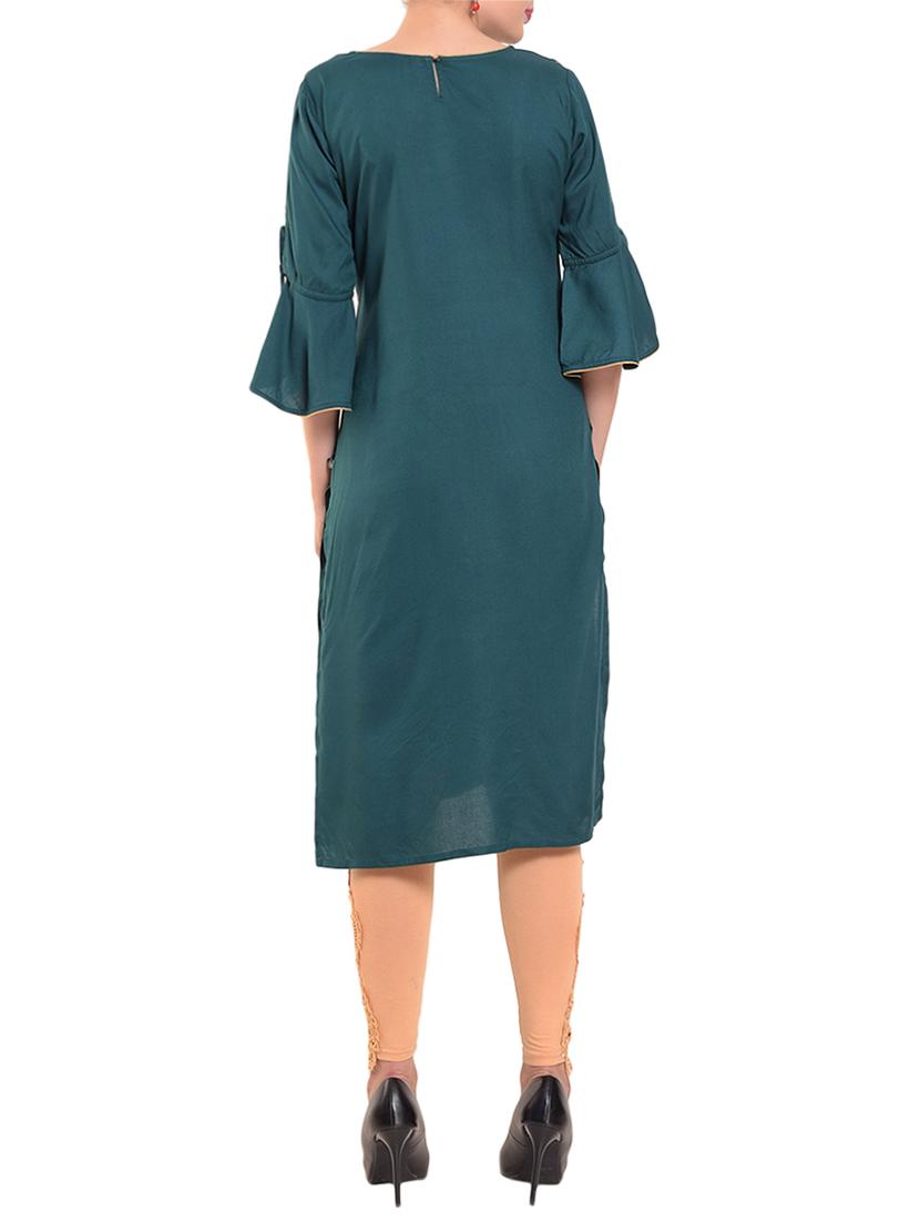 Teal embroidered bell sleeves kurta - 15612050 - Zoom Image - 3