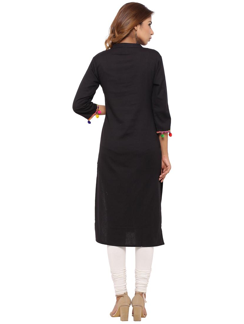 Straight pom pom solid kurta - 15614203 - Zoom Image - 3