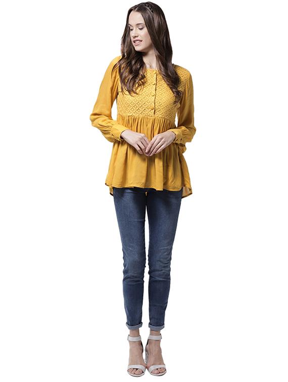 lace yoke gather detail asymmetric top - 15615432 - Zoom Image - 3