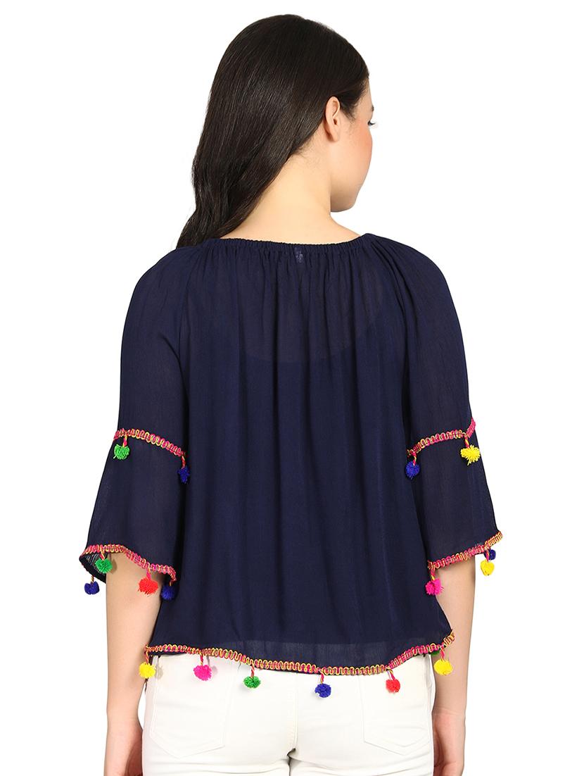 gathered neck pom pom detail top - 15615545 - Zoom Image - 3