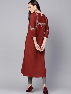 Rust Embroidered a-line kurta - 15616115 - Standard Image - 3