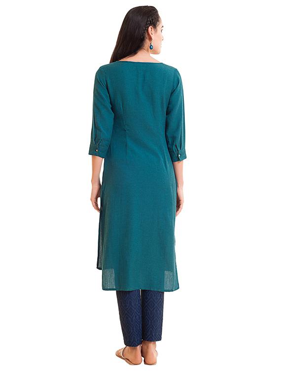 Teal high low straight kurta - 15621835 - Zoom Image - 3